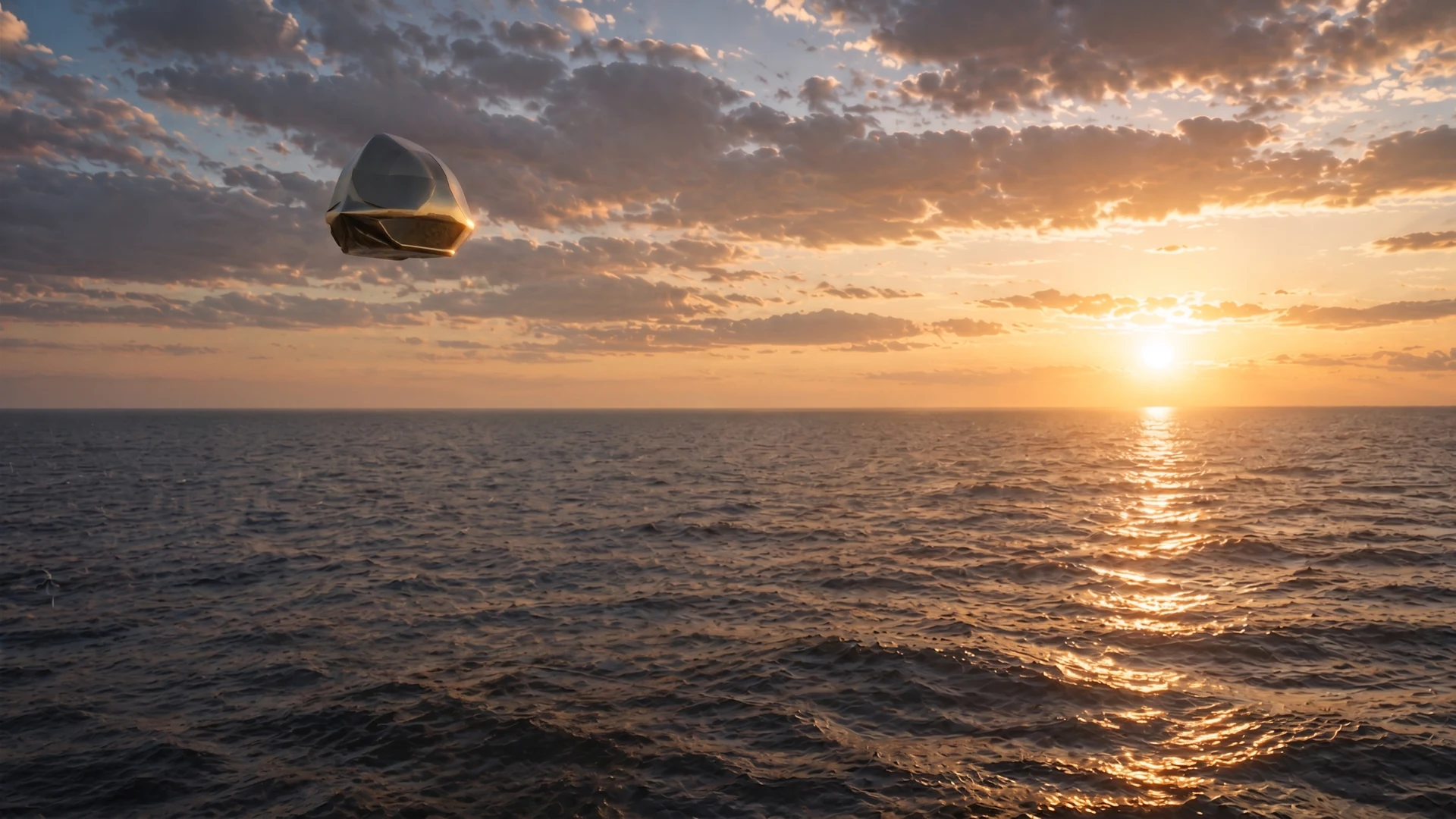 The Sunship — a broad, faceted metallic airship — over open water at sunset